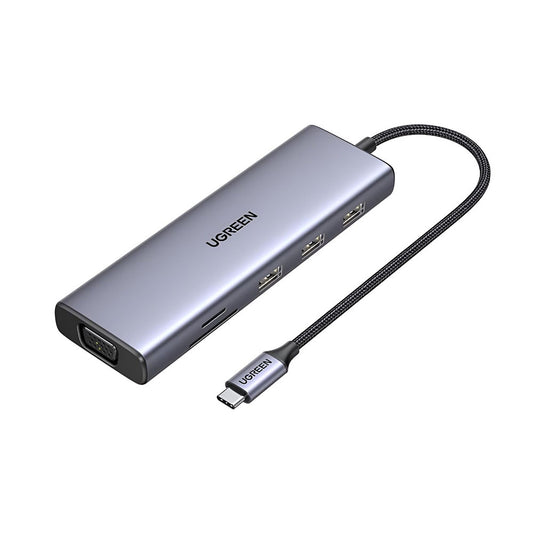 Hub USB-C UGREEN CM498 (15600), 3 x USB-A 3.0 - 1 x USB-C - 1 x HDMI - 1 x VGA - 1 x RJ45 - 1 x SD - 1 x microSD, Grå