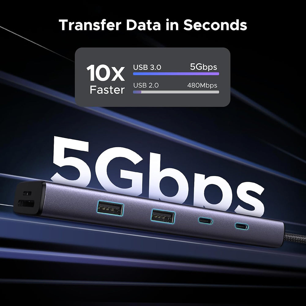 USB-C Hub UGREEN CM498 (15375), 2 x USB-A - 3 x USB-C - 1 x HDMI - 1 x RJ45 - 1 x SD - 1 x microSD, Grå