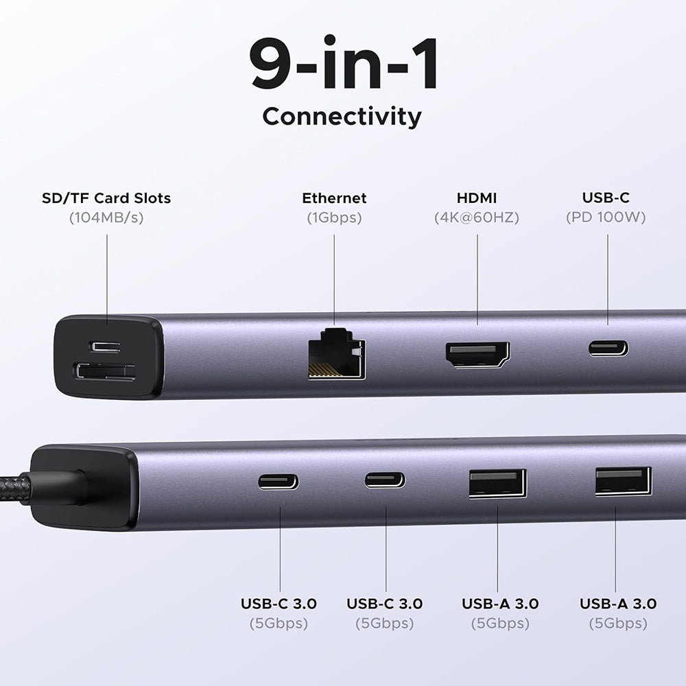 USB-C Hub UGREEN CM498 (15375), 2 x USB-A - 3 x USB-C - 1 x HDMI - 1 x RJ45 - 1 x SD - 1 x microSD, Grå