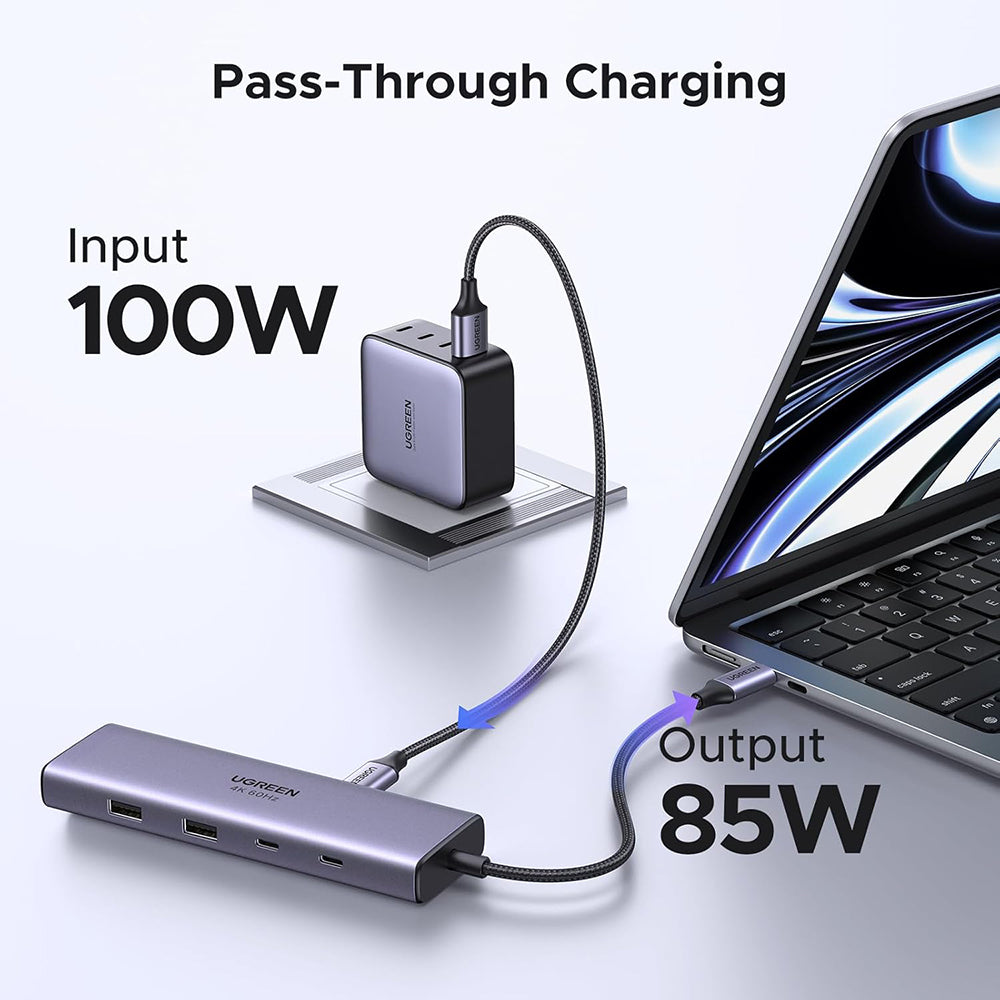 USB-C Hub UGREEN CM498 (15375), 2 x USB-A - 3 x USB-C - 1 x HDMI - 1 x RJ45 - 1 x SD - 1 x microSD, Grå