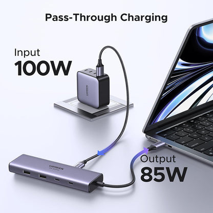 USB-C Hub UGREEN CM498 (15375), 2 x USB-A - 3 x USB-C - 1 x HDMI - 1 x RJ45 - 1 x SD - 1 x microSD, Grå