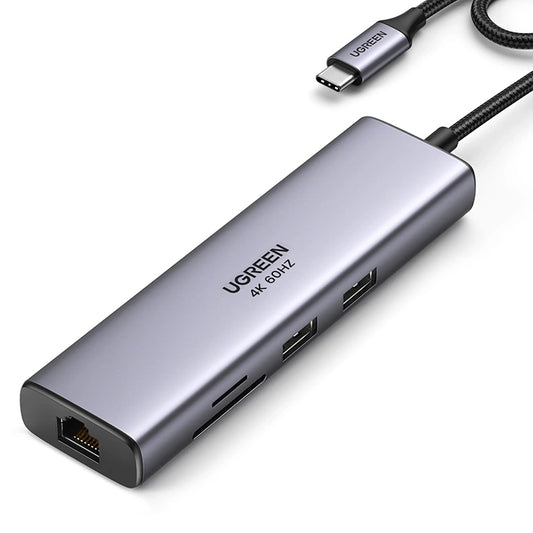UGREEN CM512 USB-C Hub, 2 x USB-A 3.0 - 1 x USB-C - 1 x HDMI - 1 x SD - 1 x microSD - RJ45, Gray