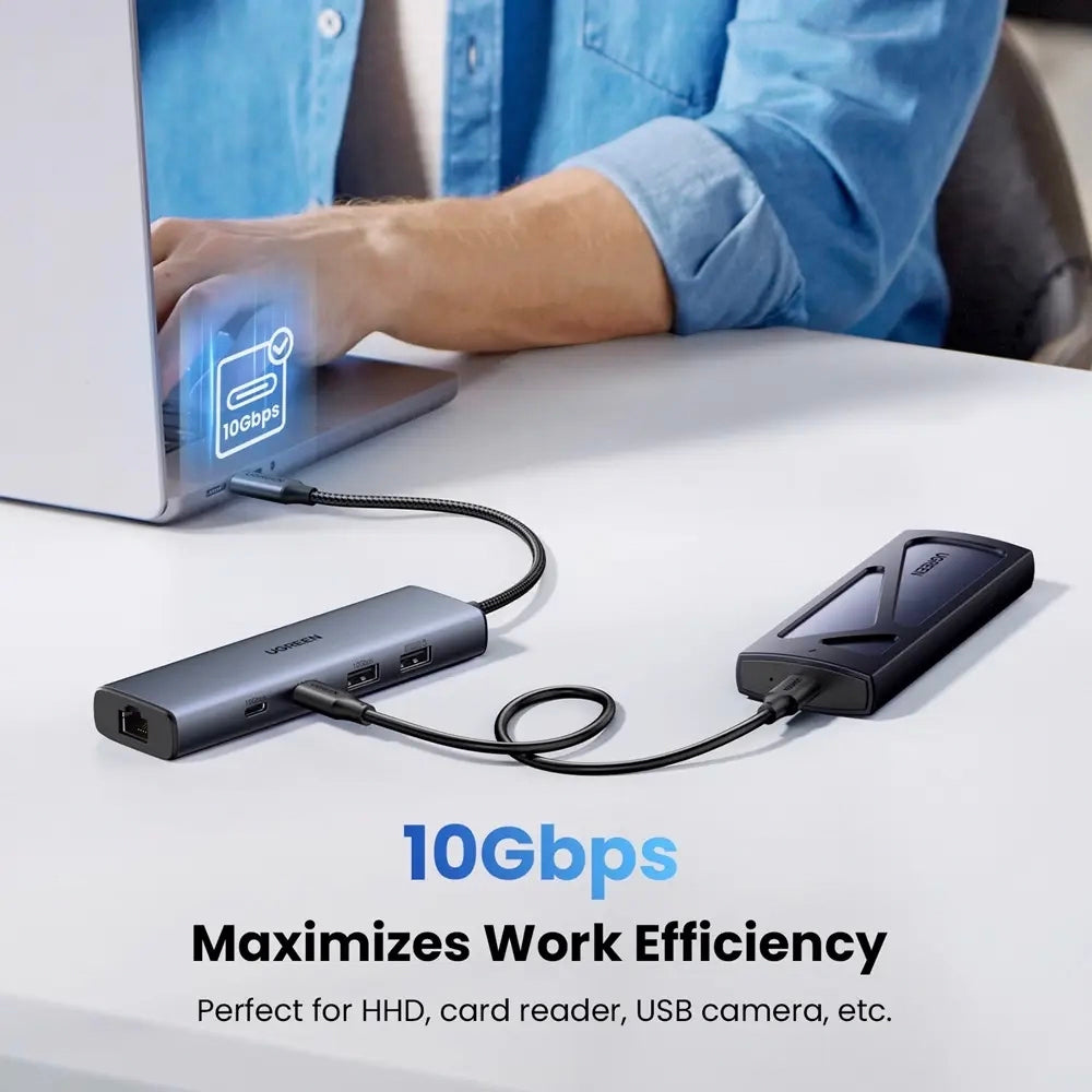 Hub USB-C UGREEN CM512, 1 x USB-A 3.2 - 1 x USB-A - 3 x USB-C - 1 x RJ45, Grå