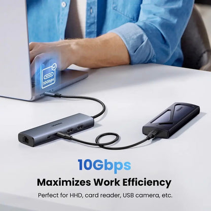 Hub USB-C UGREEN CM512, 1 x USB-A 3.2 - 1 x USB-A - 3 x USB-C - 1 x RJ45, Grå