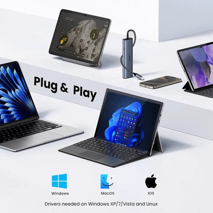 Hub USB-C UGREEN CM512, 1 x USB-A 3.2 - 1 x USB-A - 3 x USB-C - 1 x RJ45, Grå