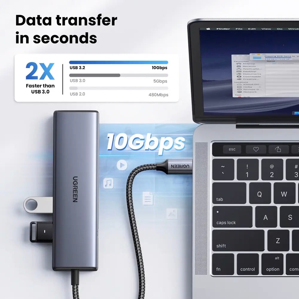 Hub USB-C UGREEN CM512, 1 x USB-A 3.2 - 1 x USB-A - 3 x USB-C - 1 x RJ45, Grå