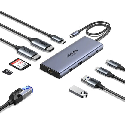 Hub USB-C UGREEN CM639 (45380), 2 x USB-A 3.2 - 3 x USB-C - 2 x HDMI - 1 x RJ45 - 1 x SD - 1 x microSD, Grå
