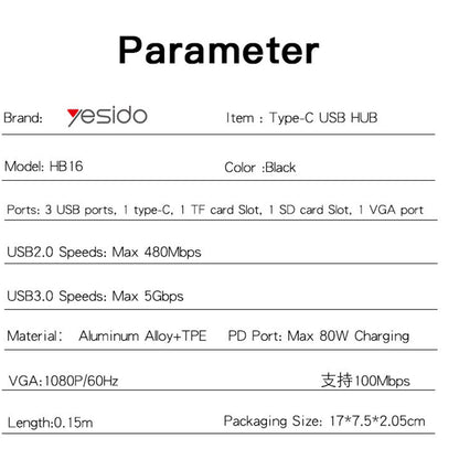 Yesido HB16 USB-C Hub, 7in1, Gray