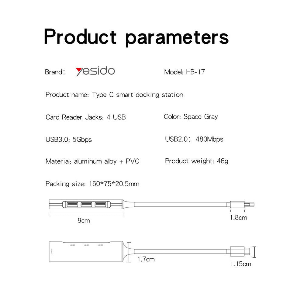 USB-C Hub Yesido HB17, 4i1, Grå