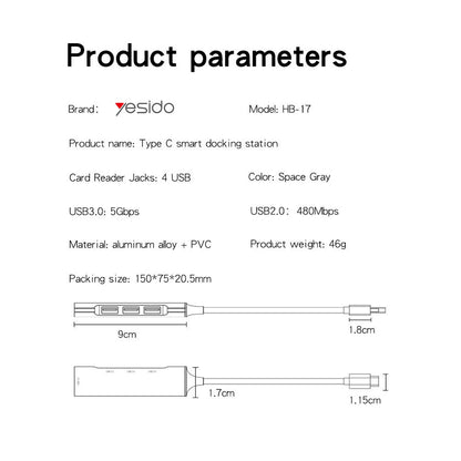 USB-C Hub Yesido HB17, 4i1, Grå