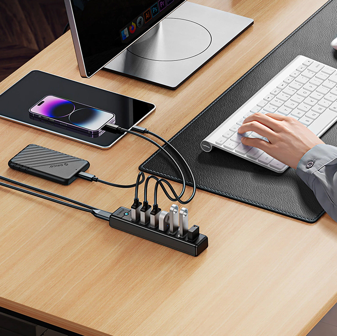 USB-hub Orico PW7U-U3, 7 x USB-A 3.0 - 1 x USB-C, Sort