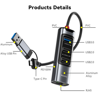 USB / USB-C Hub Yesido HB21, 5in1, Gray