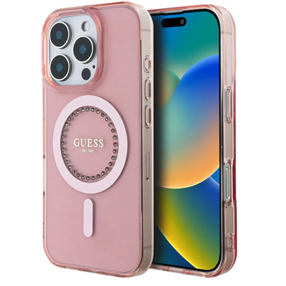 MagSafe cover til Apple iPhone 16 Pro Max, Guess, IML Rhinestones Ring, Pink GUHMP16XPFTDTEP
