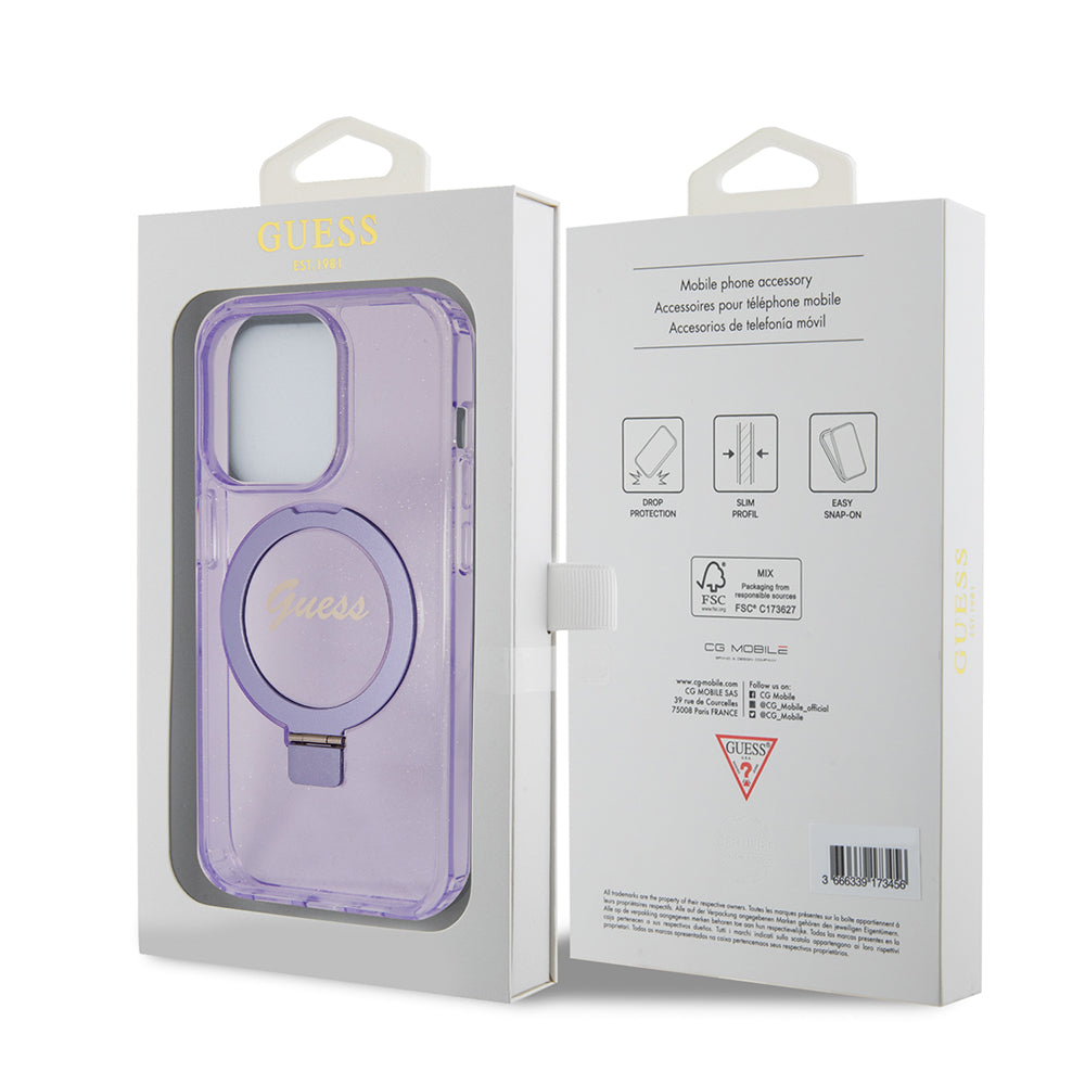 MagSafe cover til Apple iPhone 15 Pro Max, Guess, IML Ring Stand Glitter, Lilla GUHMP15XHRSGSU