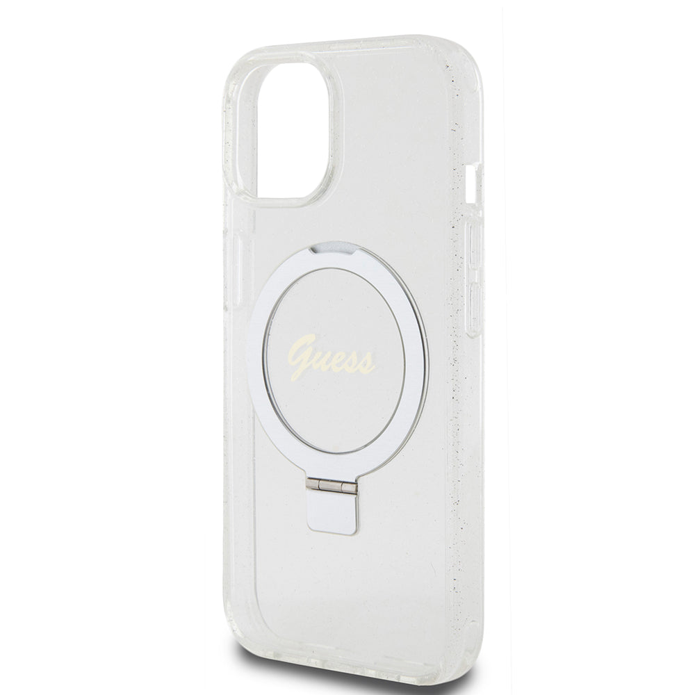 MagSafe cover til Apple iPhone 15, Guess, Ring Stand Script Glitter, Gennemsigtig