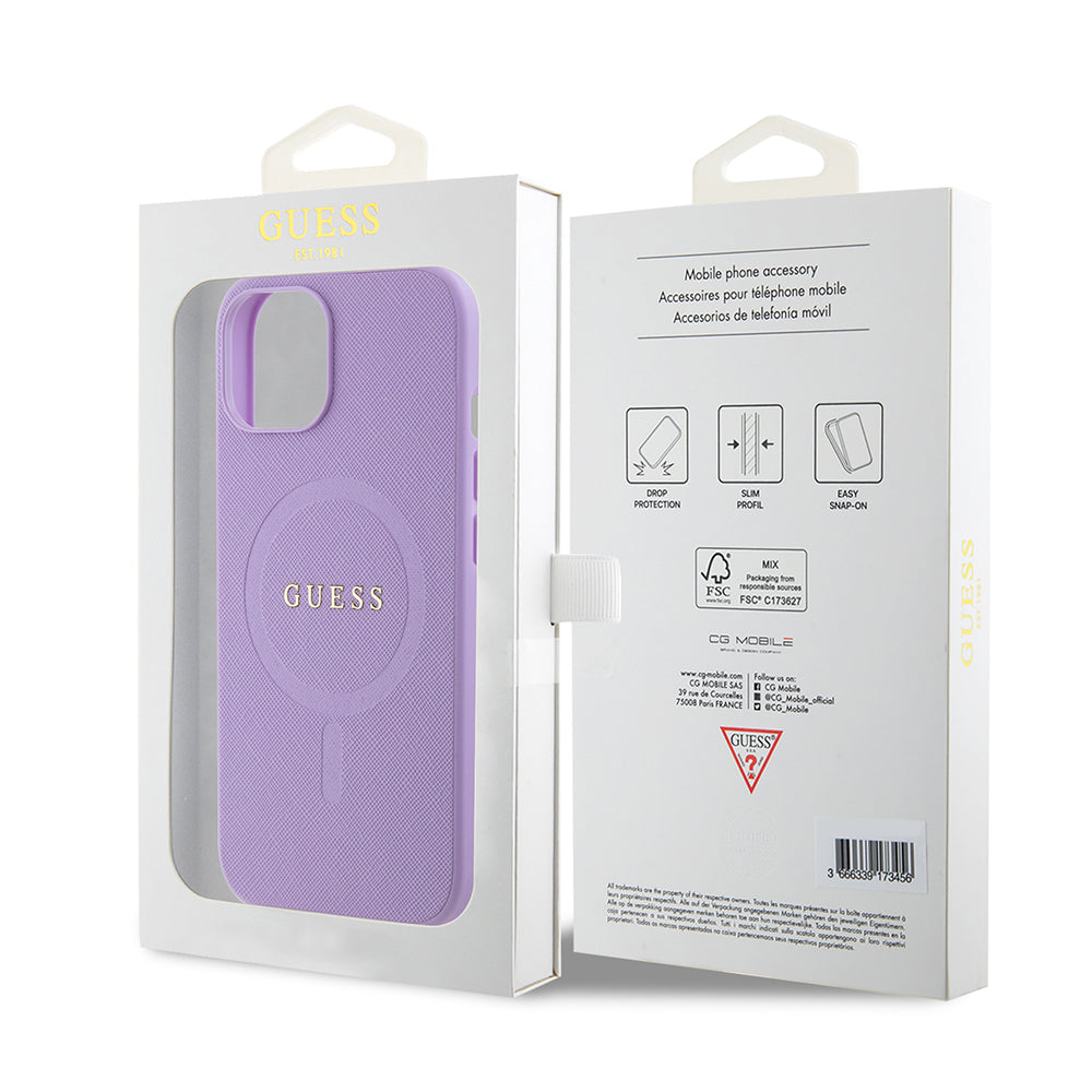 MagSafe Case for Apple iPhone 15, Guess, Saffiano, Purple