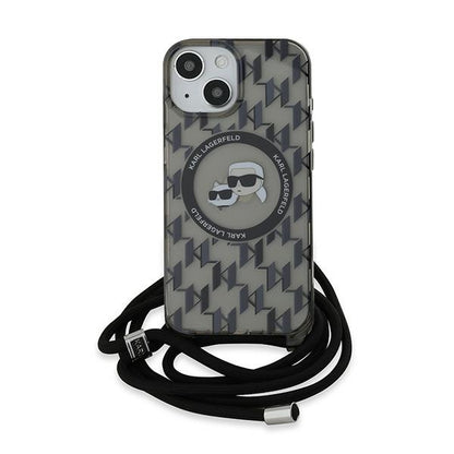 MagSafe cover til Apple iPhone 15, Karl Lagerfeld, IML Crossbody Monogram Karl & Choupette's Heads, Sort