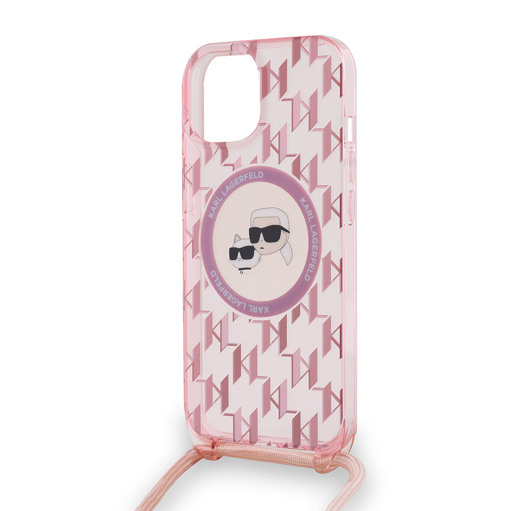 MagSafe Case for Apple iPhone 15, Karl Lagerfeld, IML Crossbody Monogram Karl & Choupette's Heads, Pink