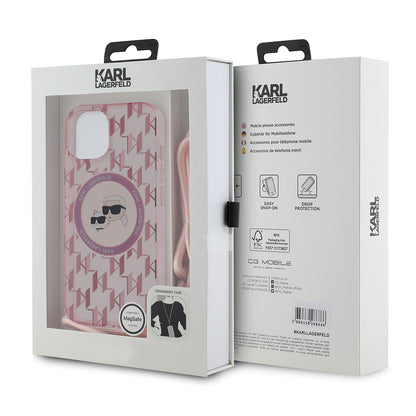 MagSafe Case for Apple iPhone 15, Karl Lagerfeld, IML Crossbody Monogram Karl & Choupette's Heads, Pink