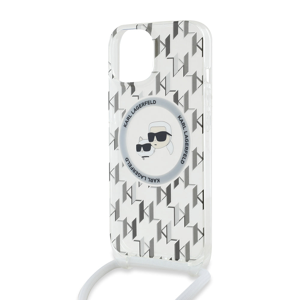 MagSafe cover til Apple iPhone 15, Karl Lagerfeld, IML Crossbody Monogram Karl & Choupette's Heads, Gennemsigtig