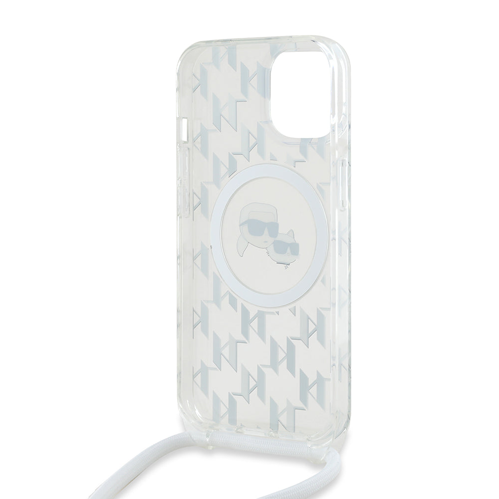 MagSafe cover til Apple iPhone 15, Karl Lagerfeld, IML Crossbody Monogram Karl & Choupette's Heads, Gennemsigtig