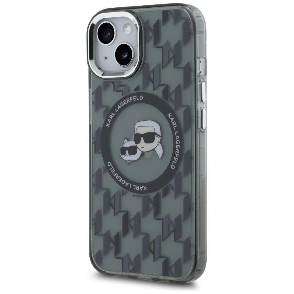 MagSafe Case for Apple iPhone 15, Karl Lagerfeld, IML Monogram Karl & Choupette's Heads, Black
