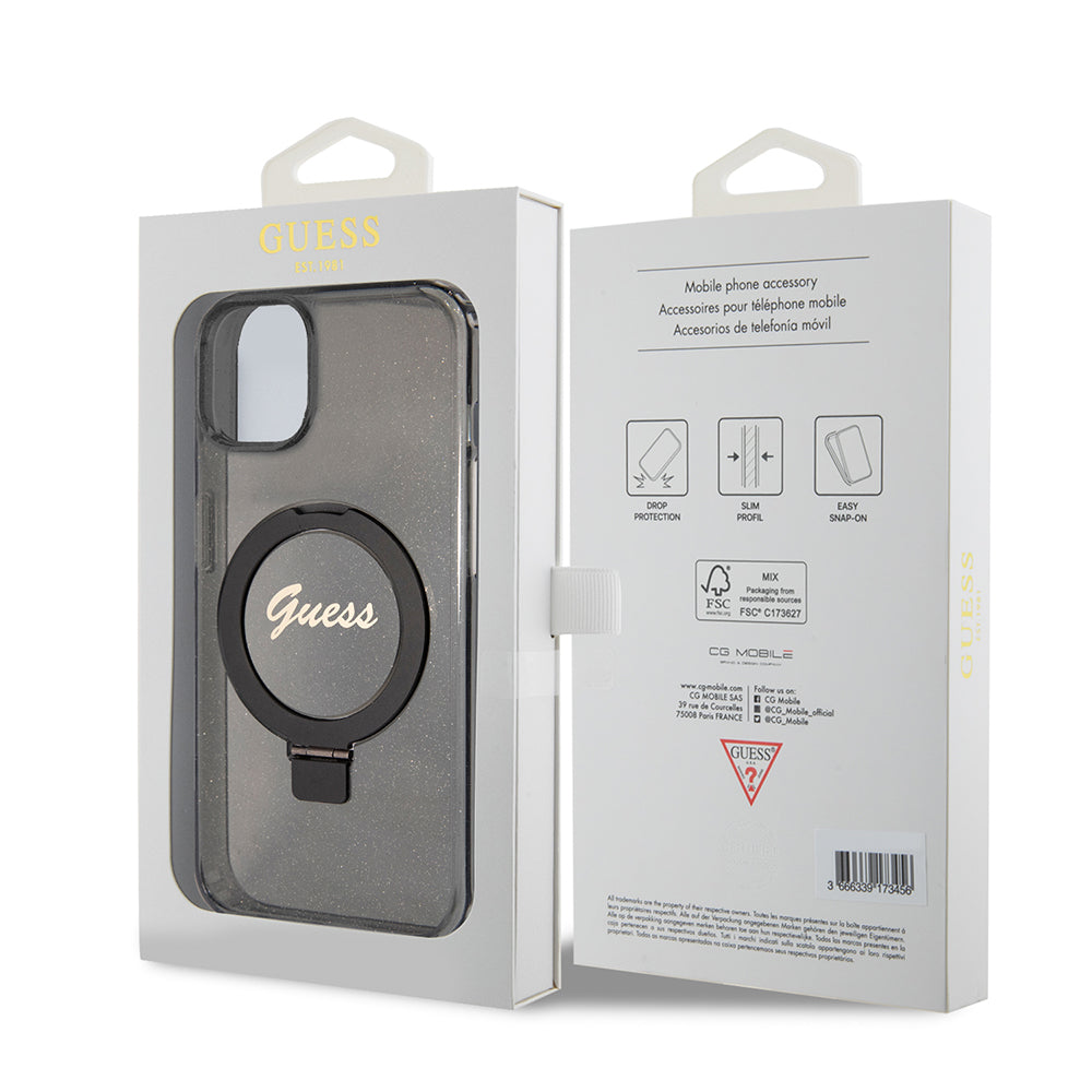 MagSafe cover til Apple iPhone 15 Plus, Guess, Ring Stand Script Glitter, Sort