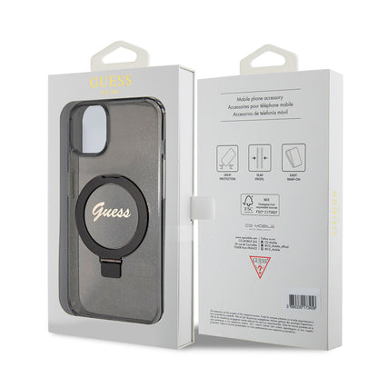 MagSafe cover til Apple iPhone 15 Plus, Guess, Ring Stand Script Glitter, Sort