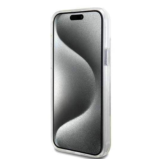 MagSafe cover til Apple iPhone 15 Plus, Guess, Ring Stand Script Glitter, Gennemsigtig