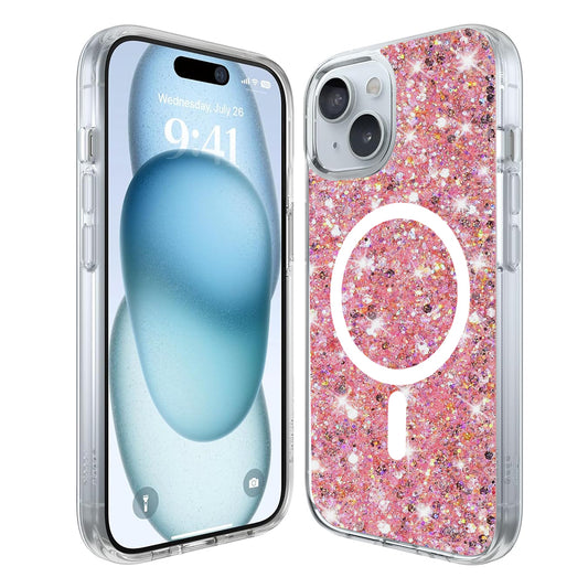 MagSafe-etui til Apple iPhone 15 Plus, Techsuit, Glitrende Glitter, Magenta
