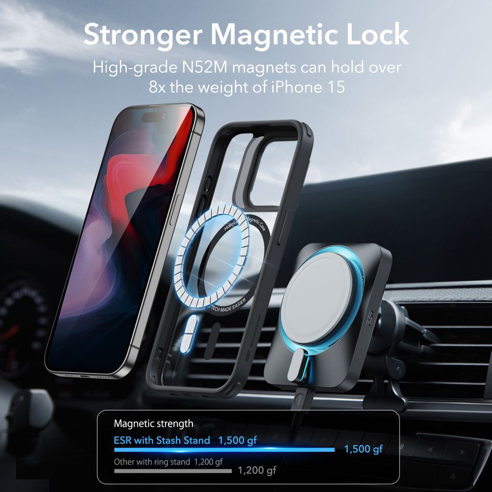 MagSafe cover til Apple iPhone 15 Pro, ESR, Classic Hybrid Kickstand, Sort Transparent