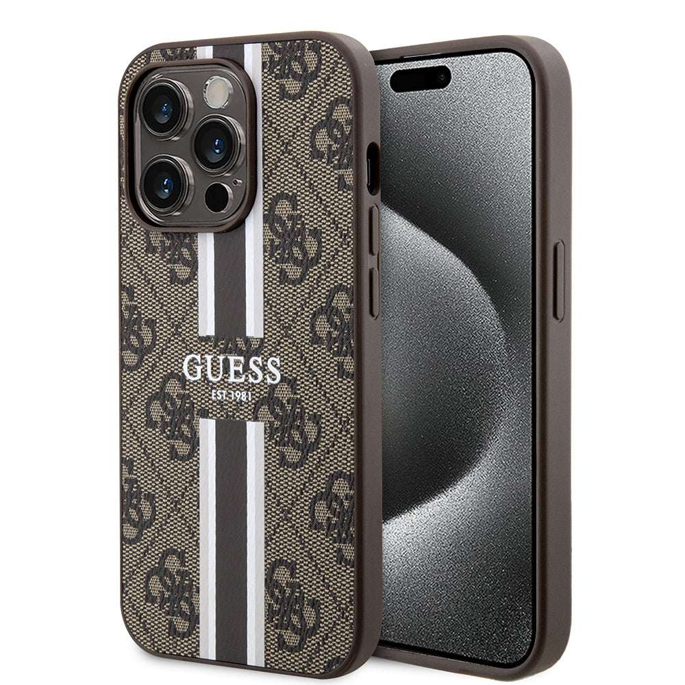 MagSafe cover til Apple iPhone 15 Pro, Guess, 4G Printed Stripes, Brun