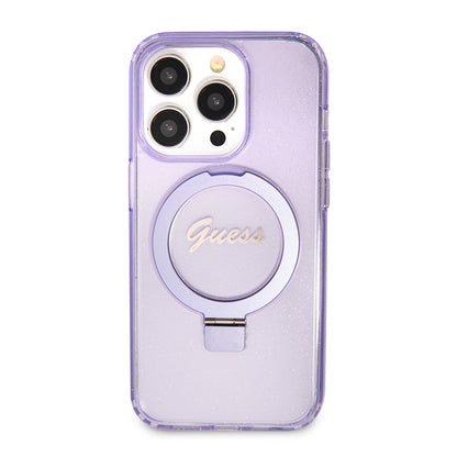 MagSafe Case for Apple iPhone 15 Pro, Guess, IML Ring Stand Glitter, Purple