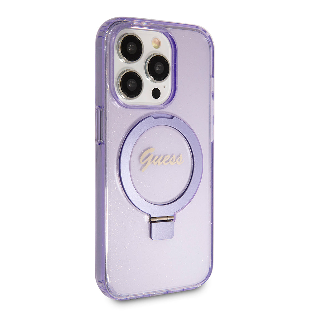 MagSafe Case for Apple iPhone 15 Pro, Guess, IML Ring Stand Glitter, Purple
