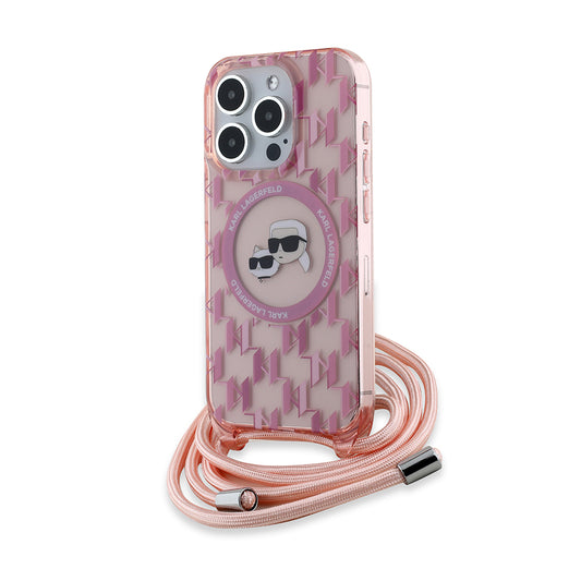 MagSafe cover til Apple iPhone 15 Pro, Karl Lagerfeld, IML Crossbody Monogram Karl & Choupette's Heads, Pink