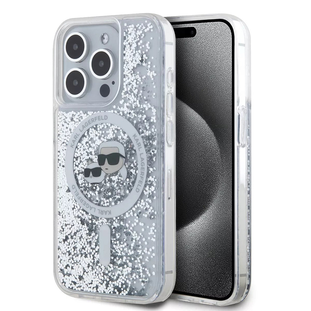 MagSafe cover til Apple iPhone 15 Pro, Karl Lagerfeld, Liquid Glitter Karl & Choupette's Heads, Transparent