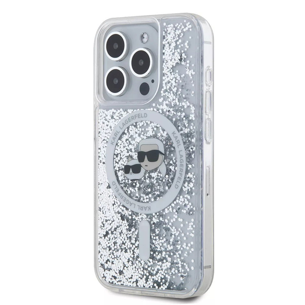 MagSafe cover til Apple iPhone 15 Pro, Karl Lagerfeld, Liquid Glitter Karl & Choupette's Heads, Transparent