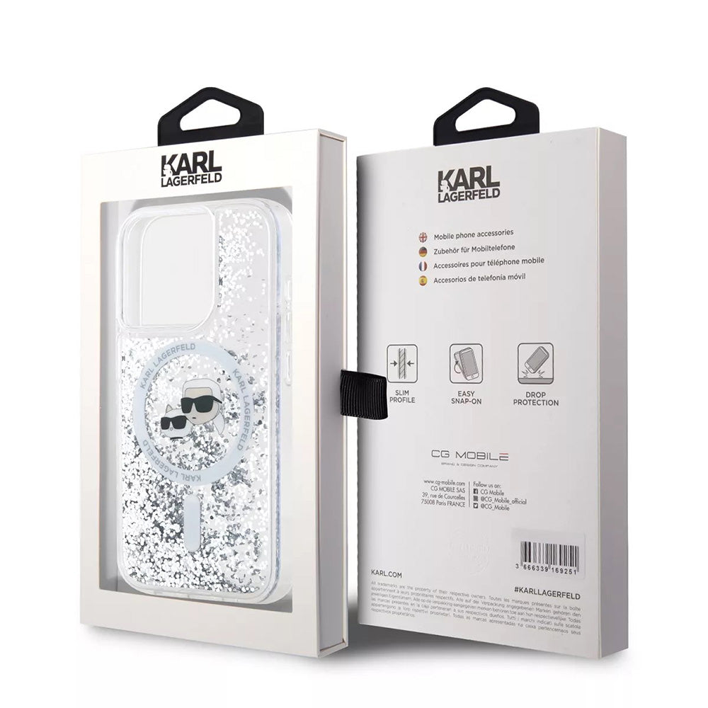 MagSafe cover til Apple iPhone 15 Pro, Karl Lagerfeld, Liquid Glitter Karl & Choupette's Heads, Transparent