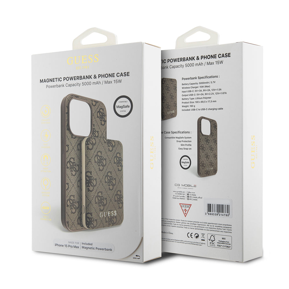 MagSafe cover til Apple iPhone 15 Pro Max, Guess, Powerbank 4G Metal Logo, Brun