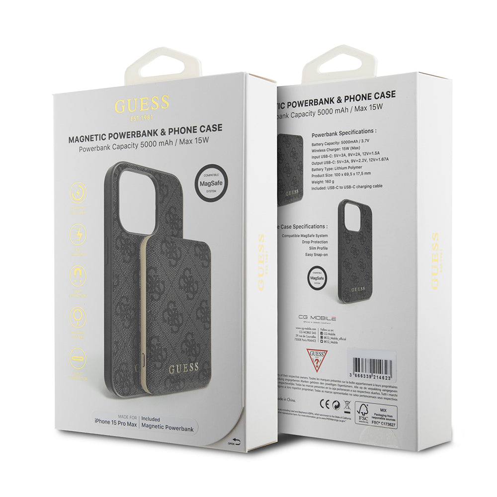 MagSafe cover til Apple iPhone 15 Pro Max, Guess, Powerbank 4G Metal Logo, Sort