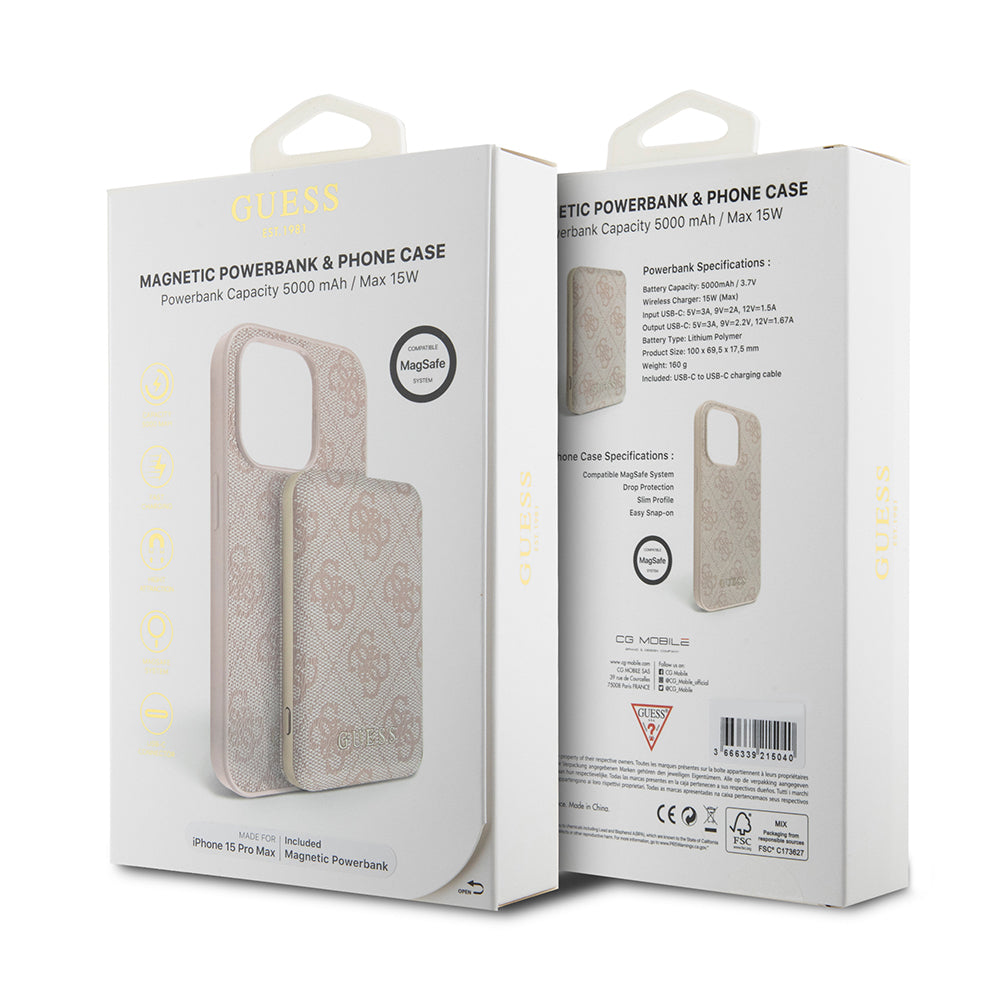 MagSafe cover til Apple iPhone 15 Pro Max, Guess, Powerbank 4G Metal Logo, Pink