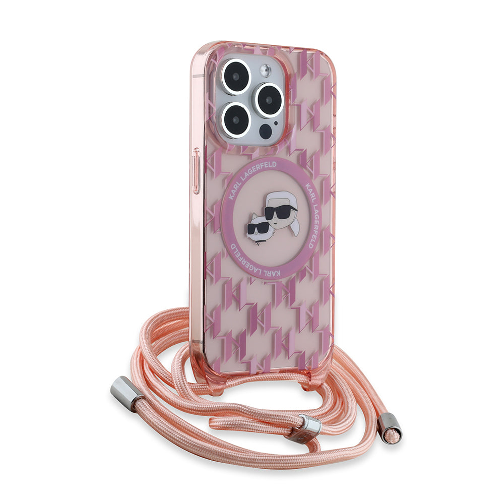 MagSafe Case for Apple iPhone 15 Pro Max, Karl Lagerfeld, IML Crossbody Monogram Karl & Choupette's Heads, Pink