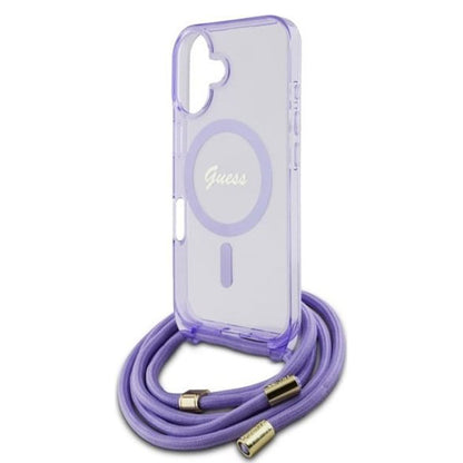 MagSafe etui til Apple iPhone 16, Guess, IML Crossbody Cord Script, Lilla