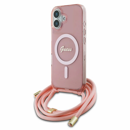 MagSafe etui til Apple iPhone 16, Guess, IML Crossbody Cord Script, Pink