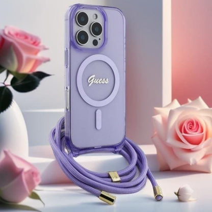 MagSafe etui til Apple iPhone 16, Guess, IML Crossbody Cord Script, Pink