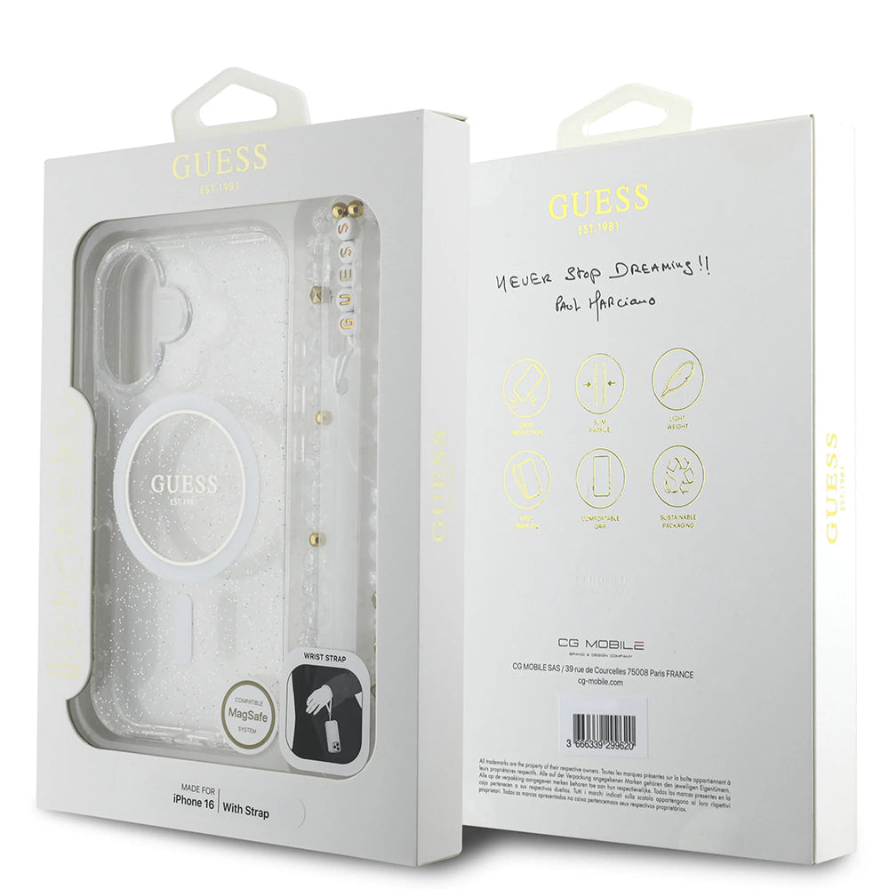 MagSafe Case for Apple iPhone 16, Guess, IML Glitter with Pearl Strap, Transparent