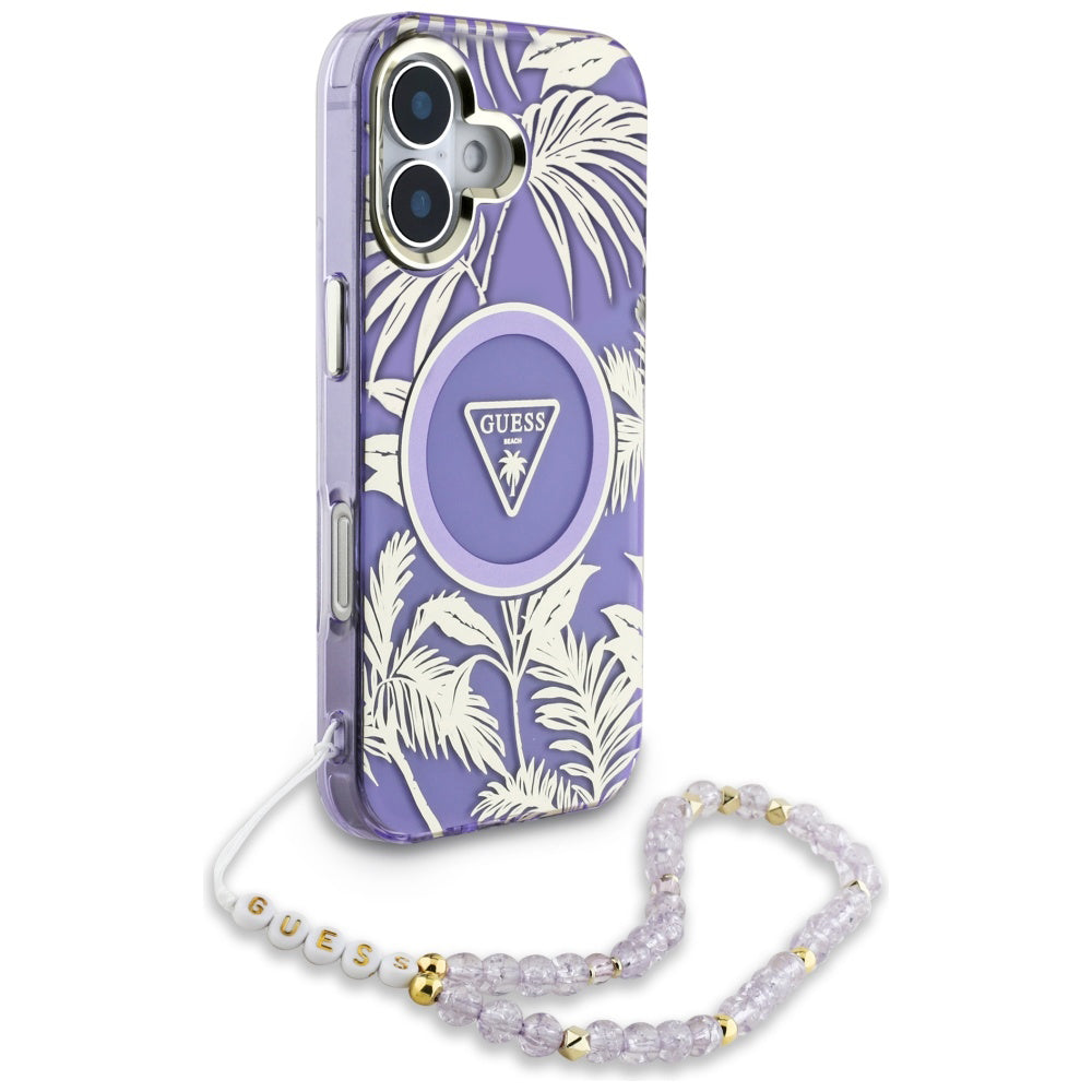 MagSafe cover til Apple iPhone 16, Guess, IML Palm Trees Triangle med Pearl Strap, Lilla