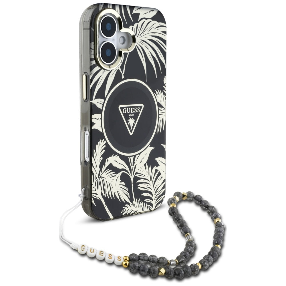 MagSafe cover til Apple iPhone 16, Guess, IML Palm Trees Triangle med Pearl Strap, Sort