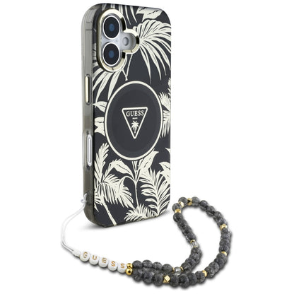 MagSafe cover til Apple iPhone 16, Guess, IML Palm Trees Triangle med Pearl Strap, Sort