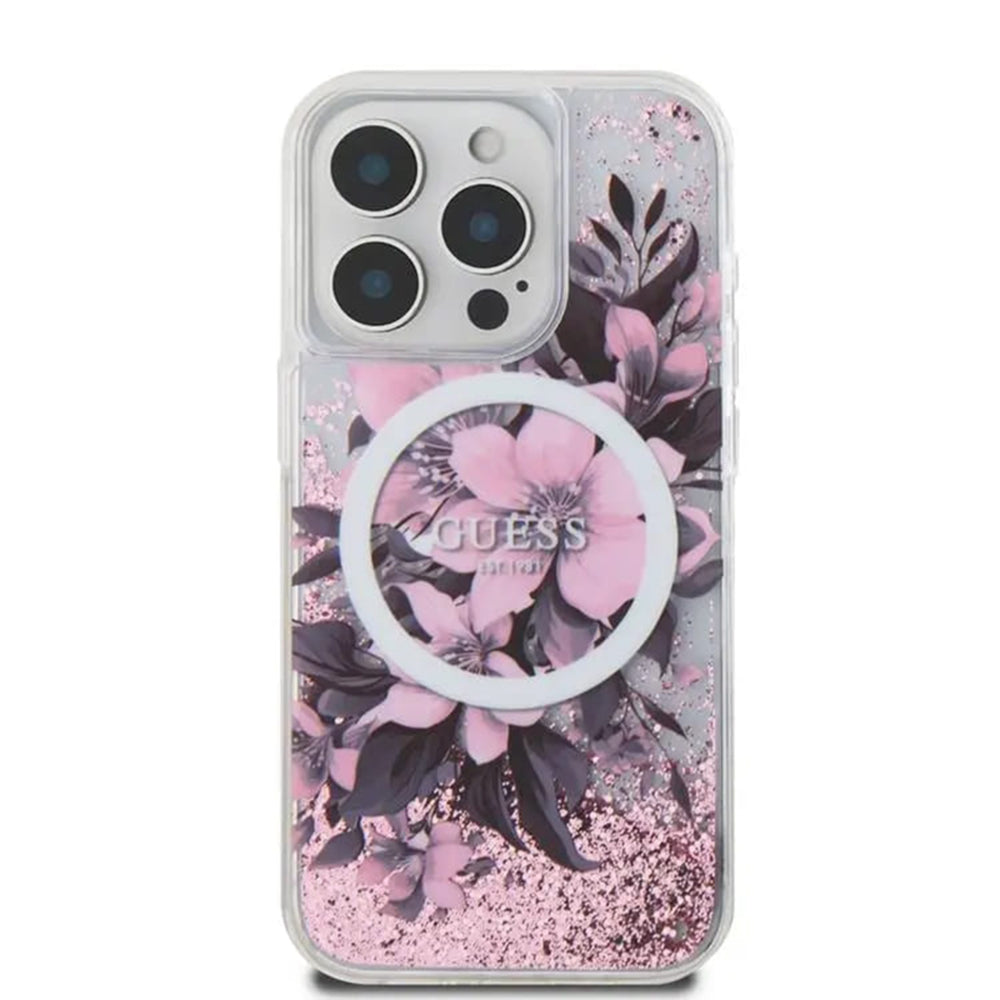 MagSafe cover til Apple iPhone 16, Guess, Liquid Glitter Flower, Pink